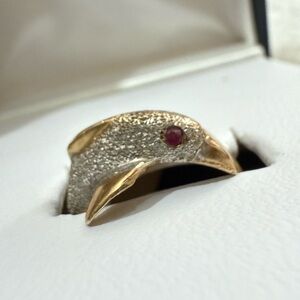 Vintage 14k Yellow Gold Dolphin Ring with Lab Created Ruby Eyes